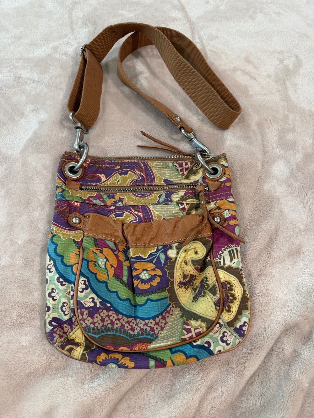 Fossil Multicolor Paisley Canvas Shoulder Bag with Brown Trim